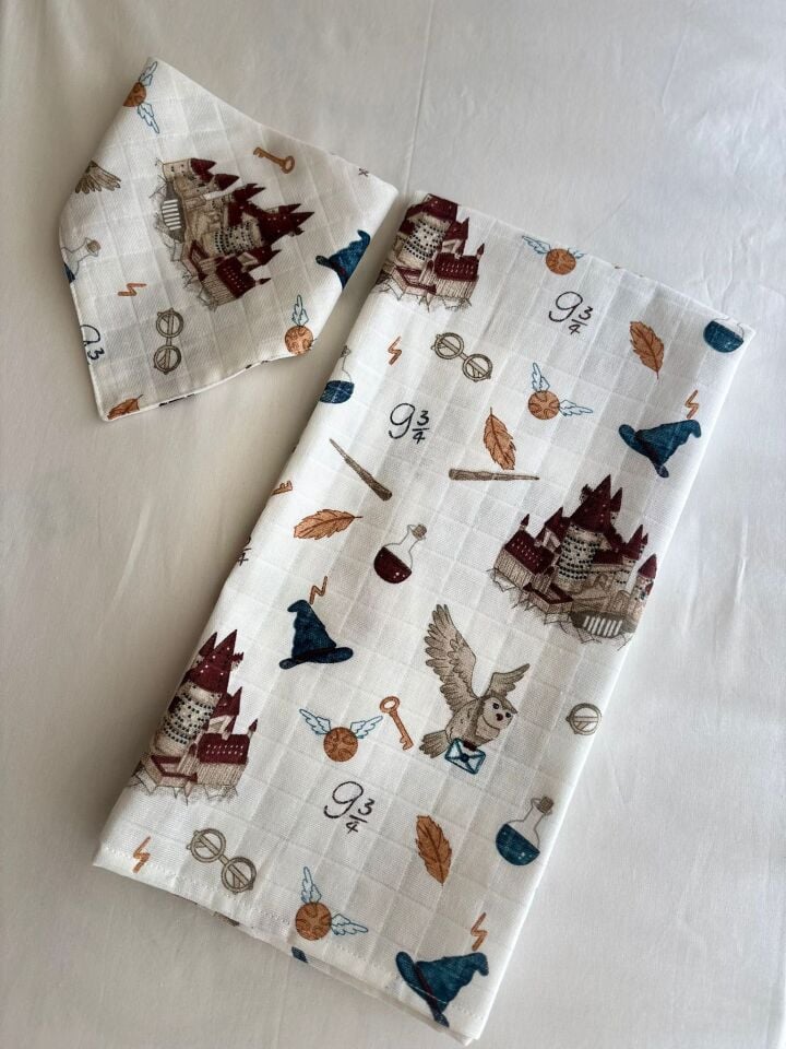 Müslin örtü + Müslin Bebek Önlüğü Harry Porter Desen 109