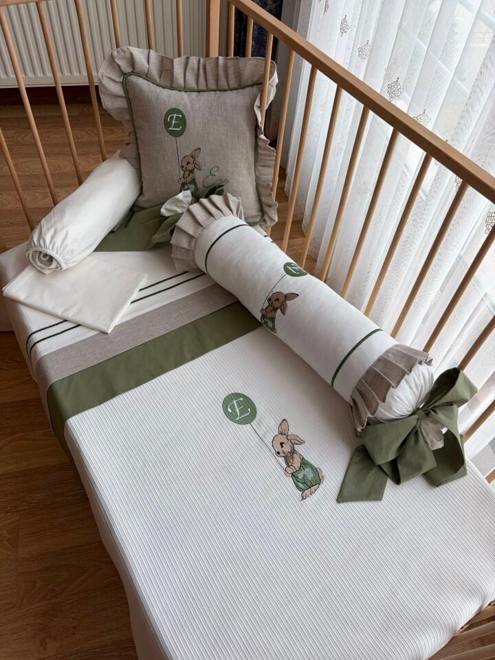 Keten Pike Takımı – Nakışlı Tavşan Desenli Bebek Çocuk Yatak Seti 125