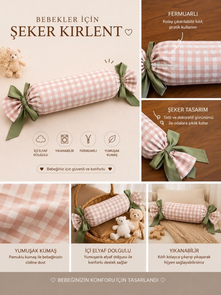 Pembe Kareli Şeker Kırlent 50 cm – Dekoratif Bebek Odası Yastığı 127