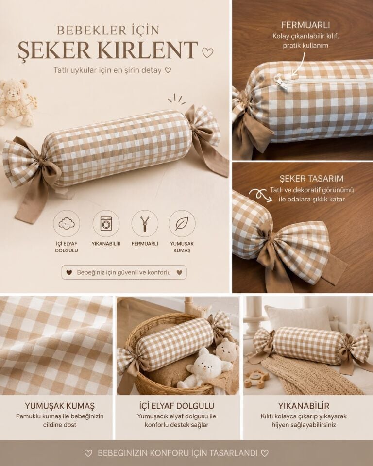 Kahve Rengi Kareli Şeker Kırlent – Dekoratif Bebek Odası Yastığı