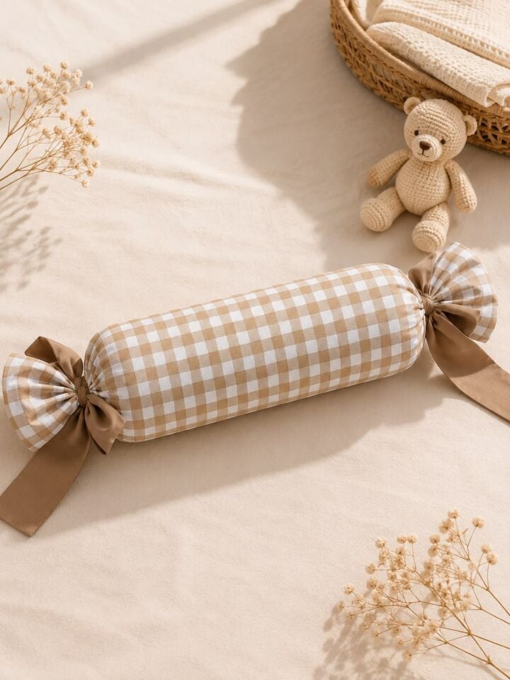 Kahve Rengi Kareli Şeker Kırlent – Dekoratif Bebek Odası Yastığı